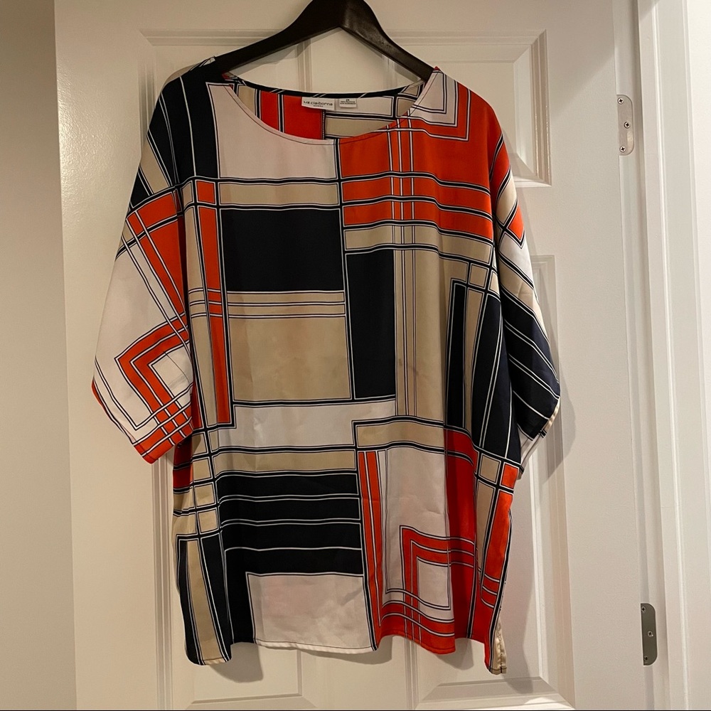 Liz Claiborne 2X Red, Tan, B&W Geometric Patterns Blouse